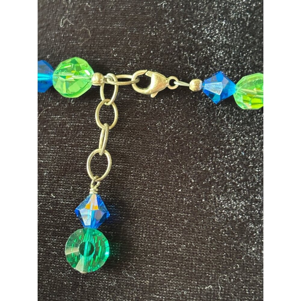 Sterling Silver AB Crystal Necklace Blue & Green Faceted Brilliant Beads Vintage - Picture 6 of 9
